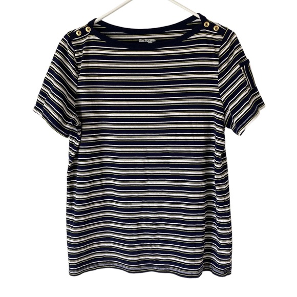 Kim Rogers Striped Knit Short Sleeve Shirt Size Medium Petite Gold Button Pocket - Picture 1 of 7